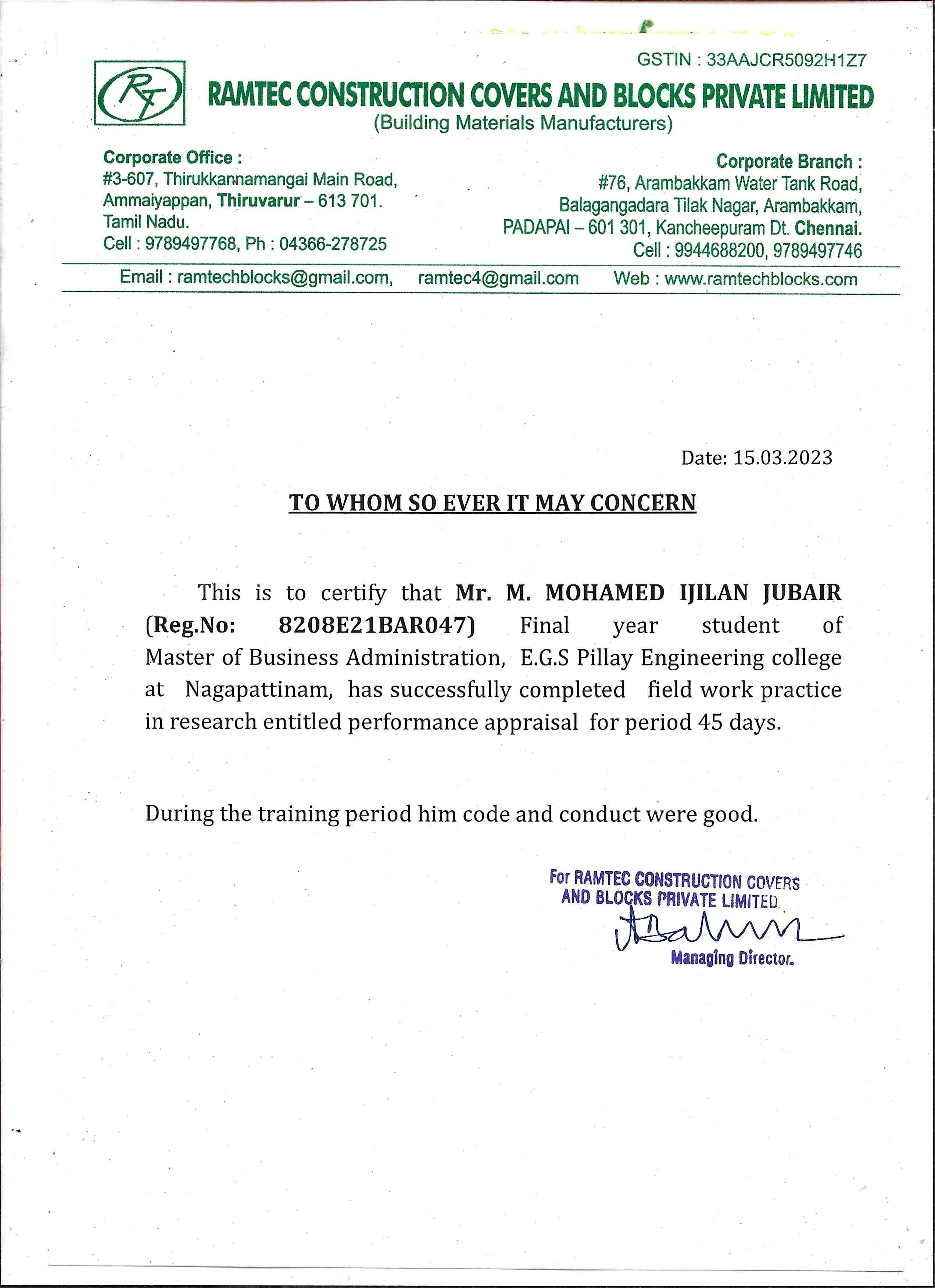 Field Work Certificate